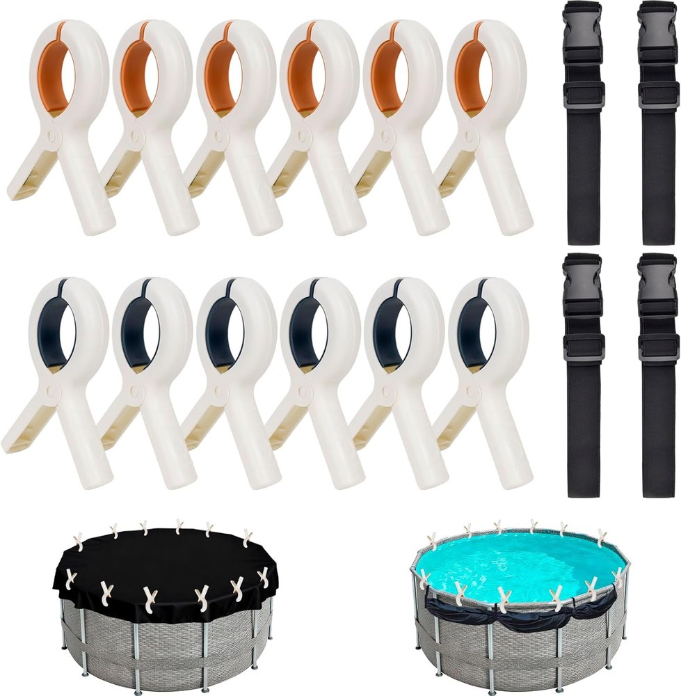Pool Cover Clips Holder Kit - 12pcs Large Clamps & 4 9 ft x 12 ft, black