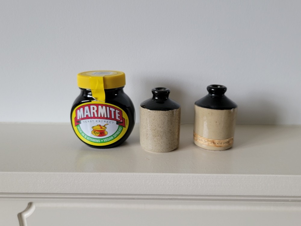 Pair Vintage Cornish Mead Stoneware Mini Bottles Penzance