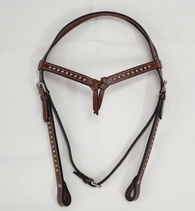 Leather Knotted Headstall Bridle Silver Studs Browband Check Piece Brown