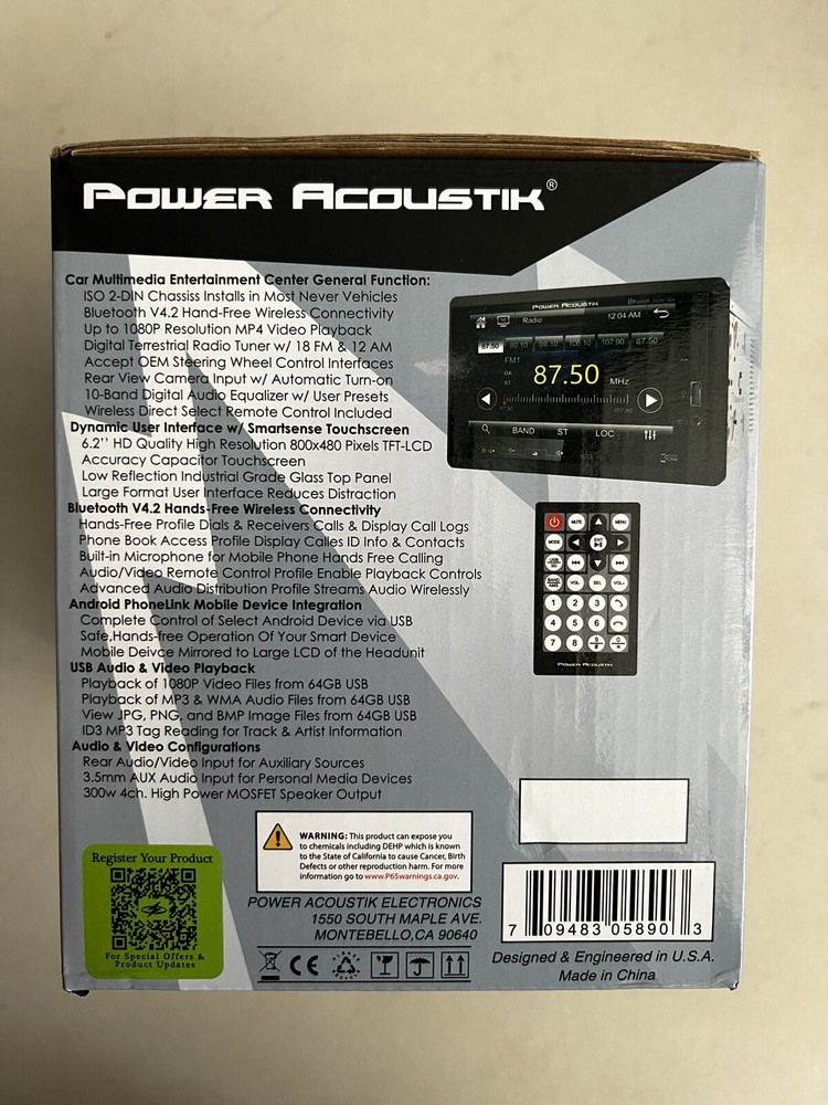Pow Acoustik PL-622HB 2 DIN SD/USB/MP3 Media Player Bluetooth Android Phone Link