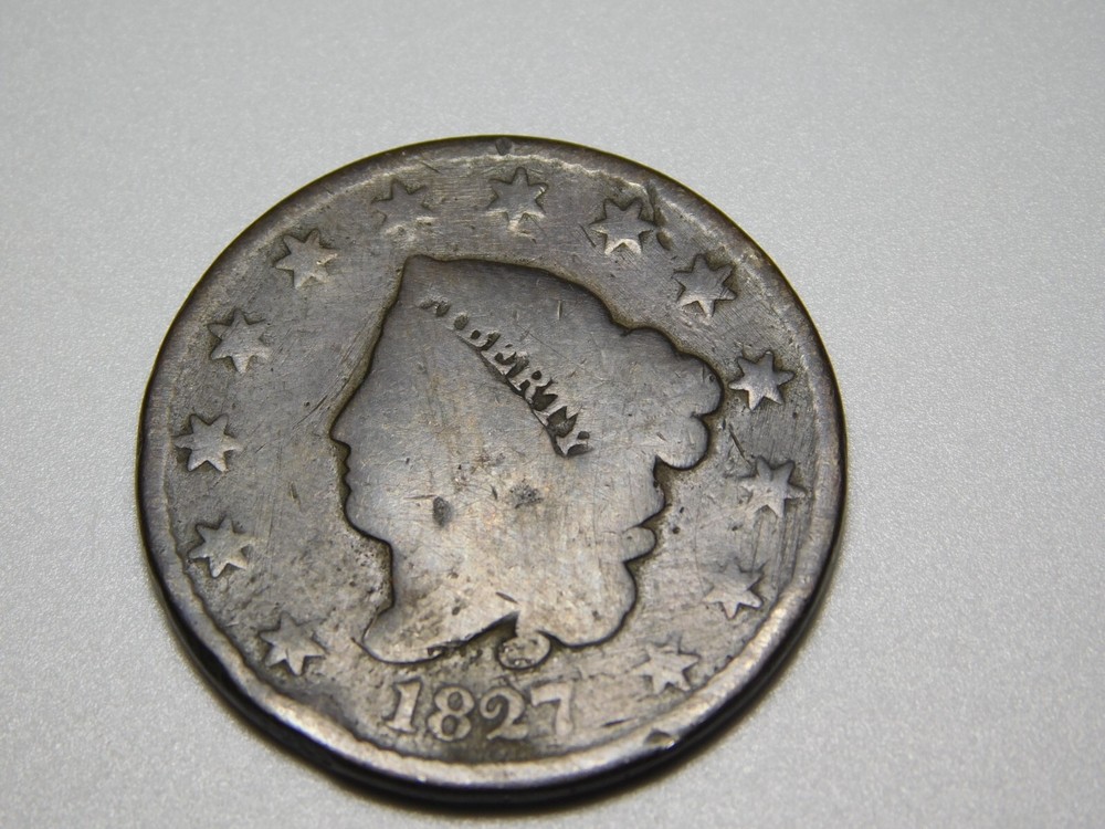 OLD US COPPER COINS 1827 CORONET HEAD LARGE CENT