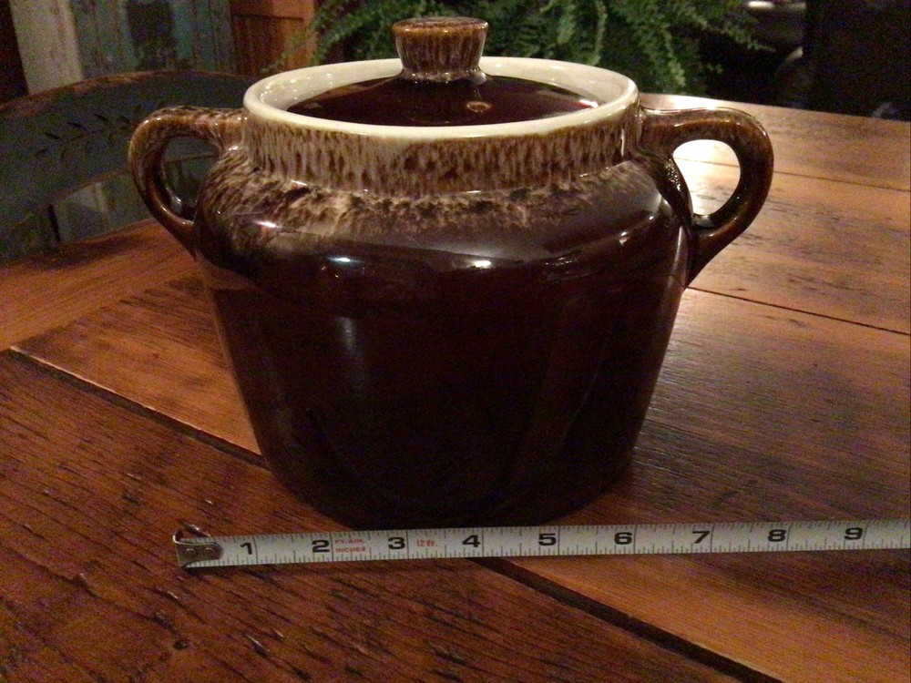 Rubel Bean Pot, Brown Drip Glaze Two Handled Pot + Lid, Rustic Stoneware