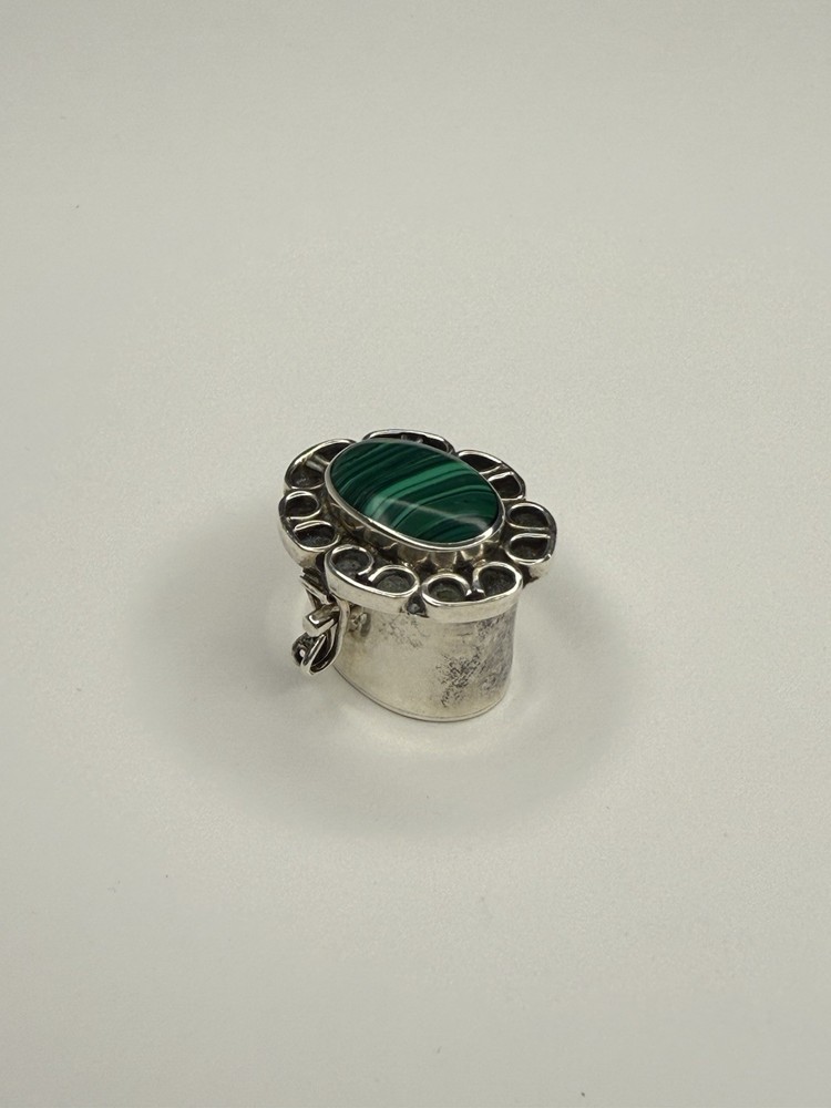 Vintage Sterling Silver Malachite Pill Snuff Box