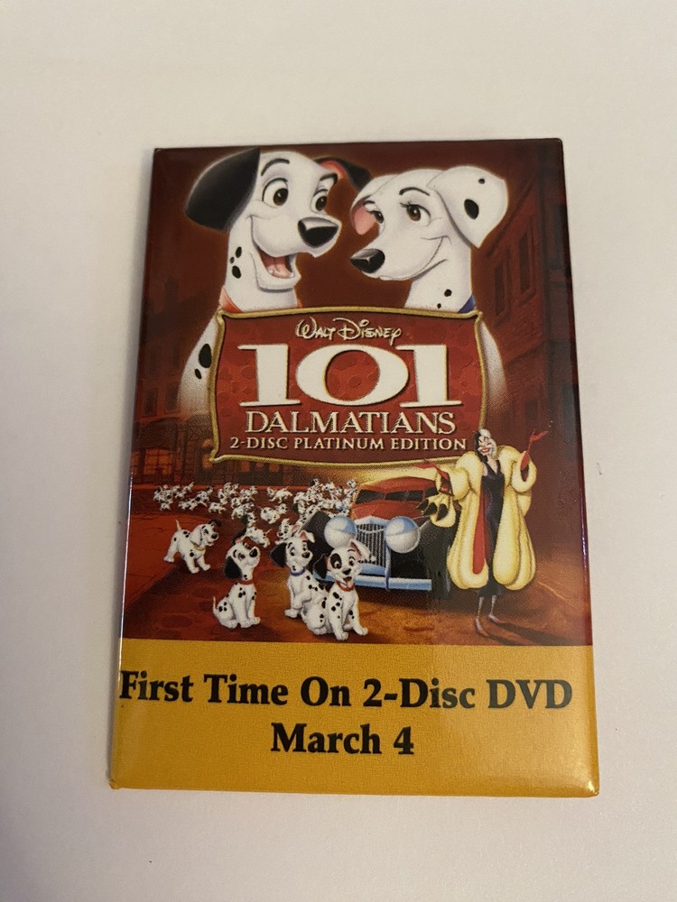 Disney’s 101 Dalmatians First Time On 2 Disc DVD Pin Back Button P140