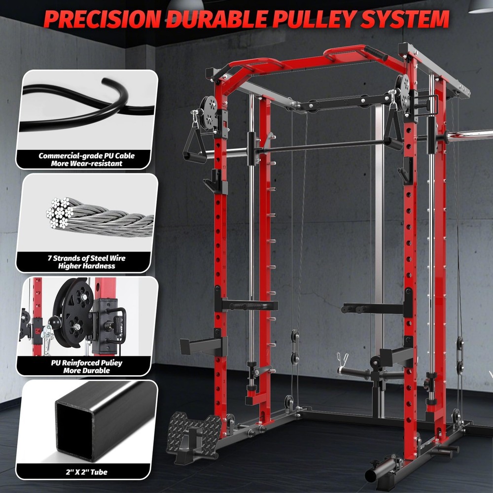Smith Machine Squat Rack Power Cage w/ Pulley System, LAT Pulldown for Home Gym