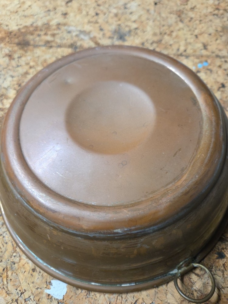 Vintage Copper Tin Lined Bowl Dish 9"x3" Handle Ring