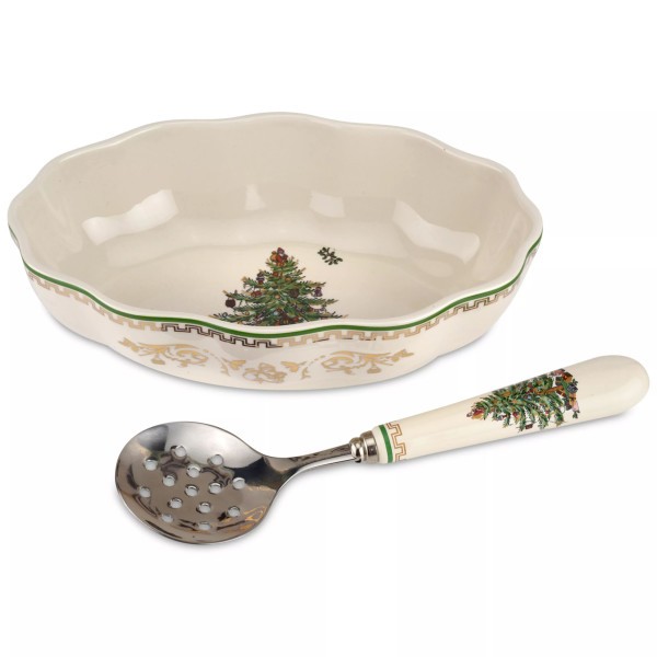 Spode Christmas Tree Cranberry Dish & Server Set - 8" Festive Holiday Serveware
