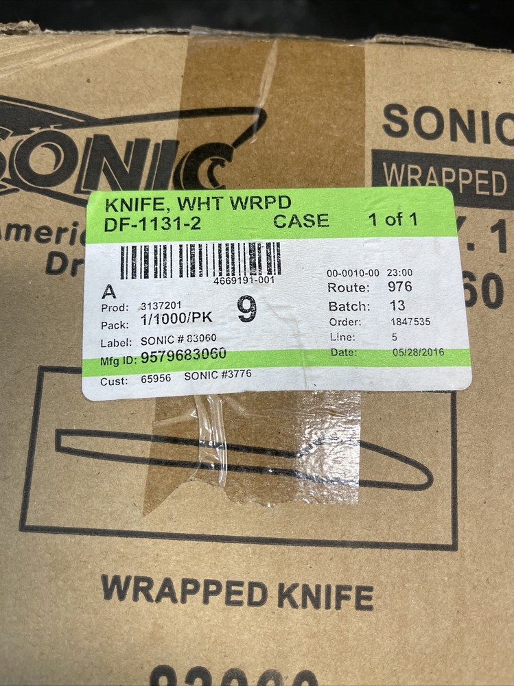 New Sonic DF-1131-2 Medium Weight White Plastic Knife - Wrapped 1000EA per Case
