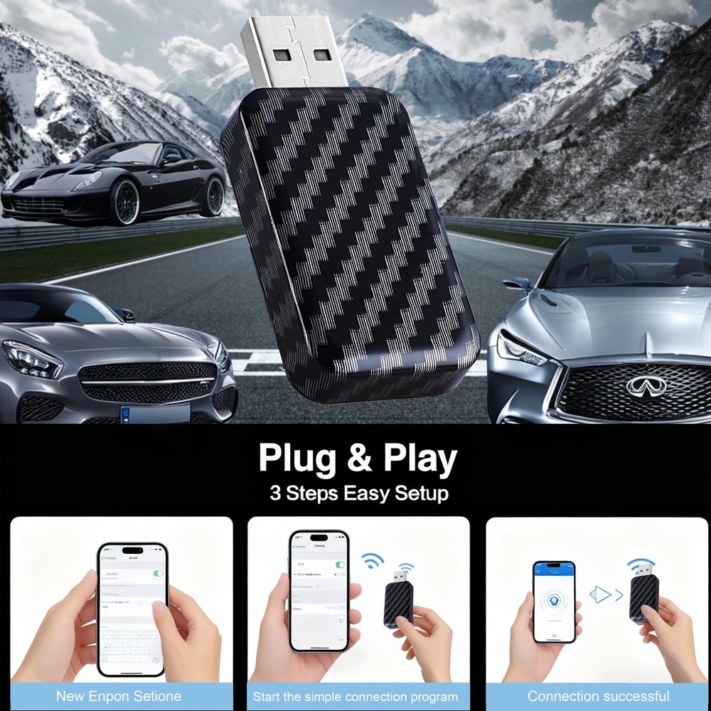 2 in1 Wireless CarPlay Adapter for Apple iPhone & Android, Convert Wired CarP...