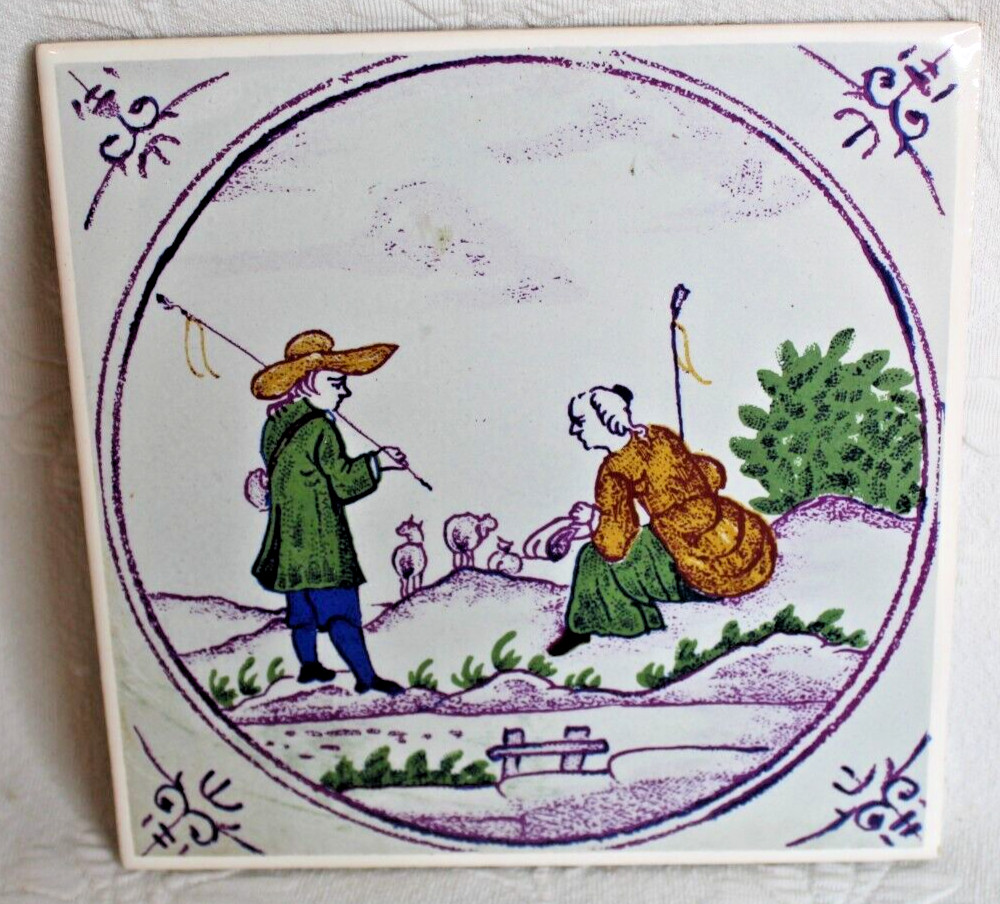 Vintage Delft Style Motif Ceramic Tile - 6" Square - Unsigned