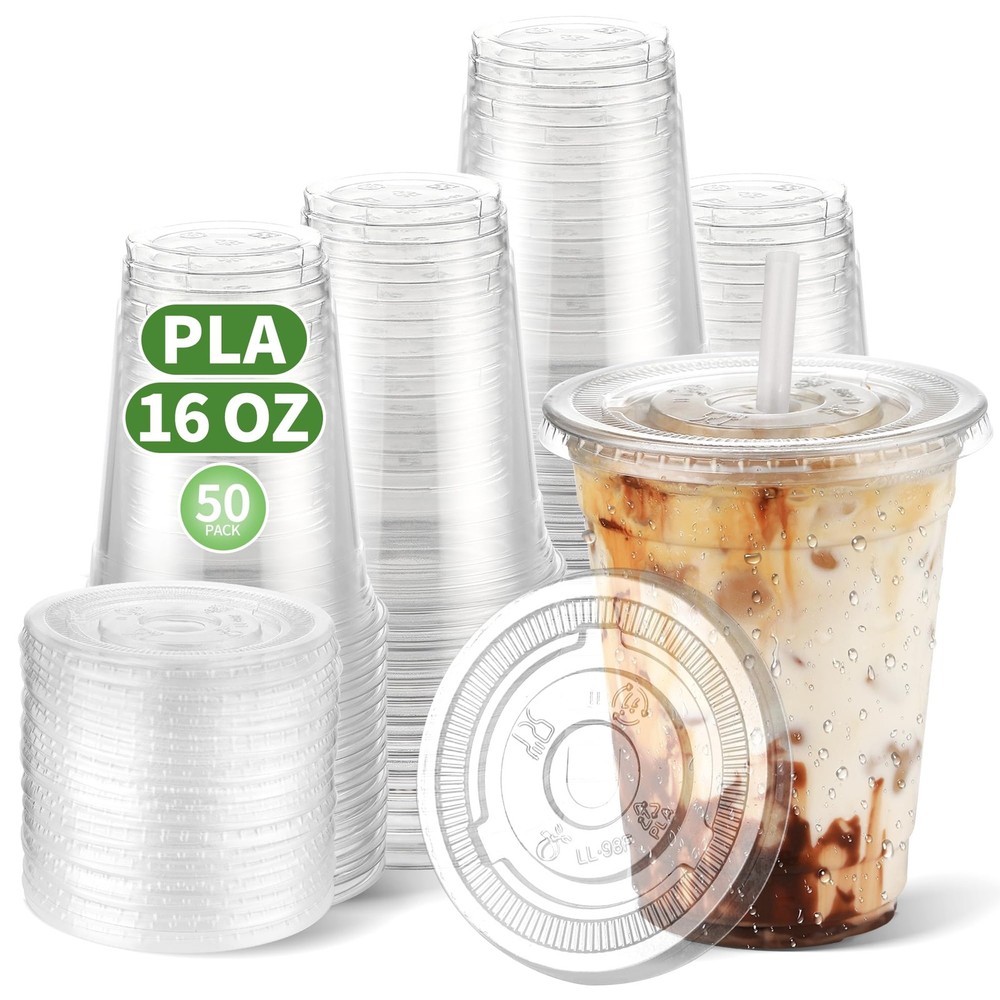 16 OZ Compostable Clear Plastic Cups Disposable Iced Coffee with Flat Lids