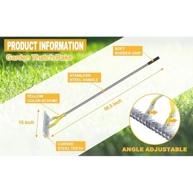 Adjustable Thatching Rake Garden Tool Steel Tines Double Sided Dethatcher New
