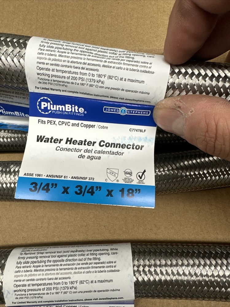 6 Lot-Plumbite Water Heater Supply Connector SS 3/4-In Push Fit x 3/4-In FIP 18”