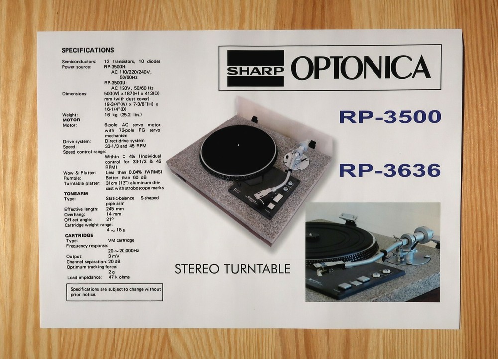 Sharp-Optonica RP-3500 & RP-3636 Custom Designed Tonearm Alignment Protractor