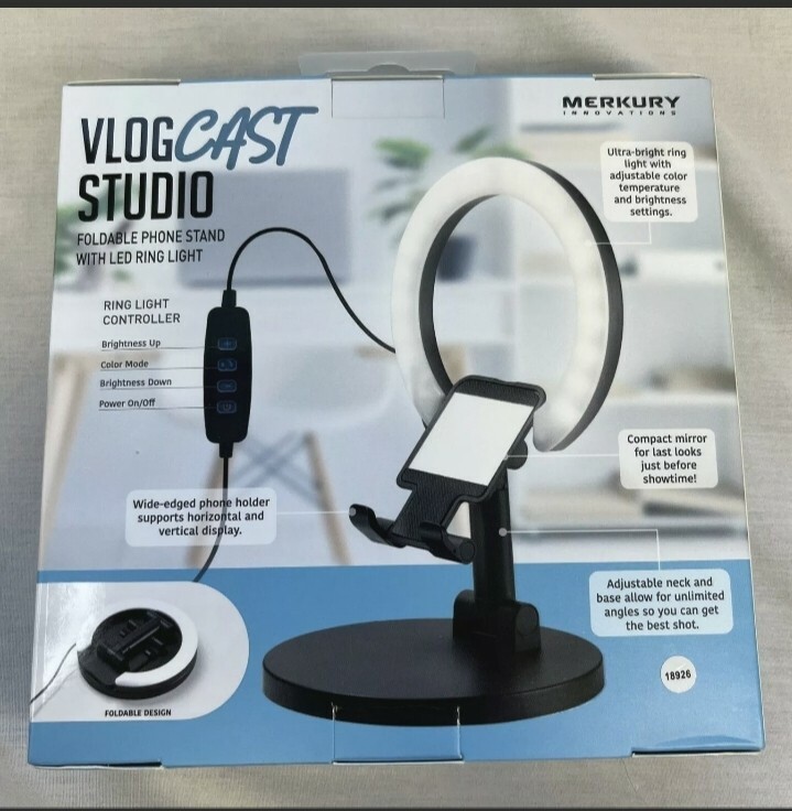 Merkury Vlog Cast Studio Kit Remote-Stand- And LED Ring Light Vlogger