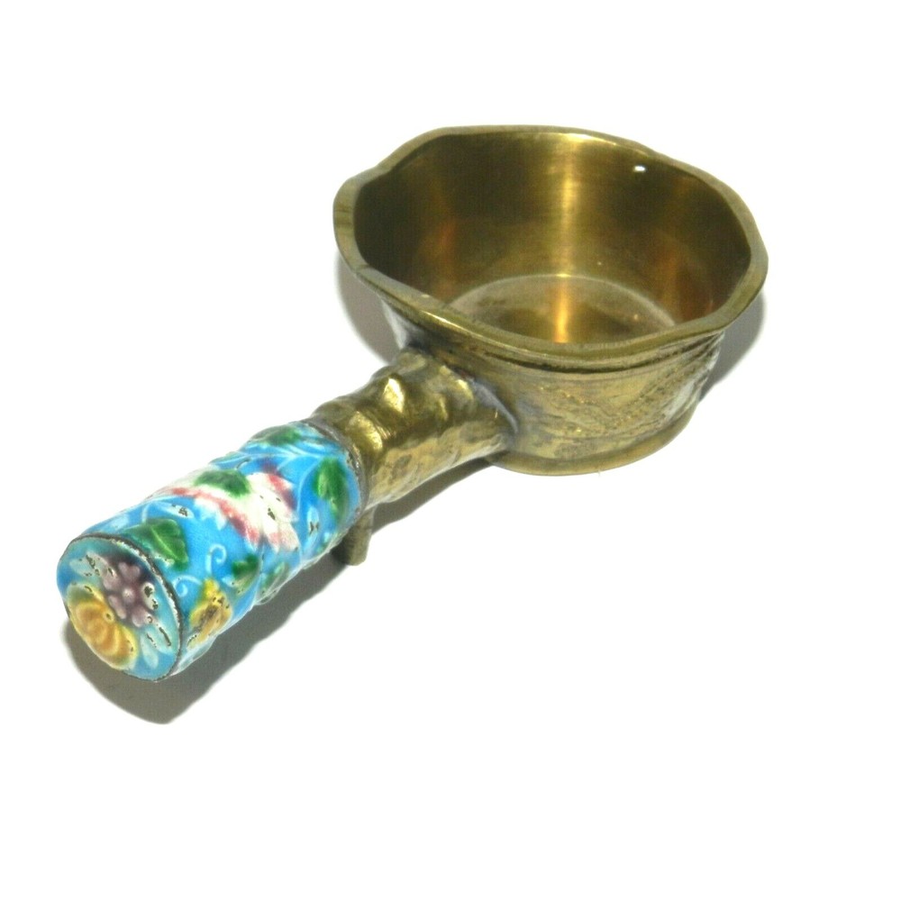 Vintage Chinese Silk Iron Solid Brass Enamel Handle Ashtray Vintage