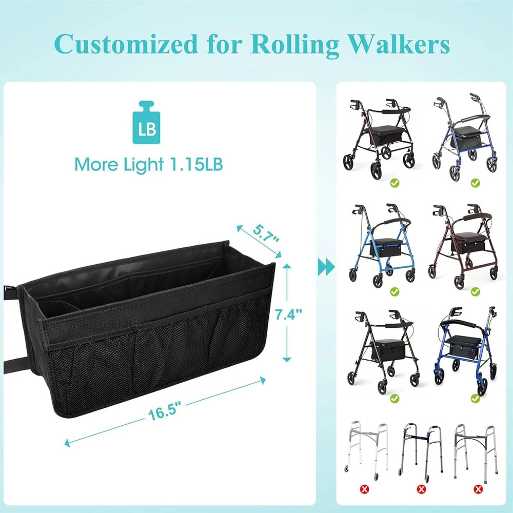 Rollator Basket with Cup Holder, Easy to Use Rollator Accessories Folding Storag
