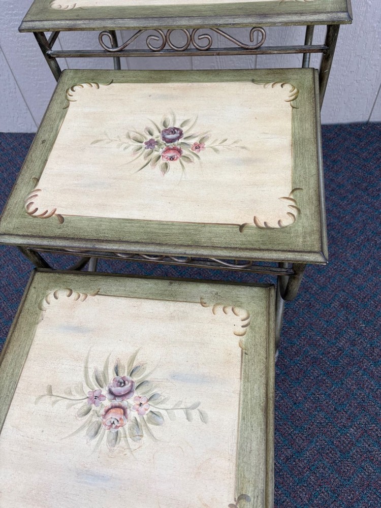 67614 Vintage Hand-Painted Stacking Nesting Tables with Metal Frames