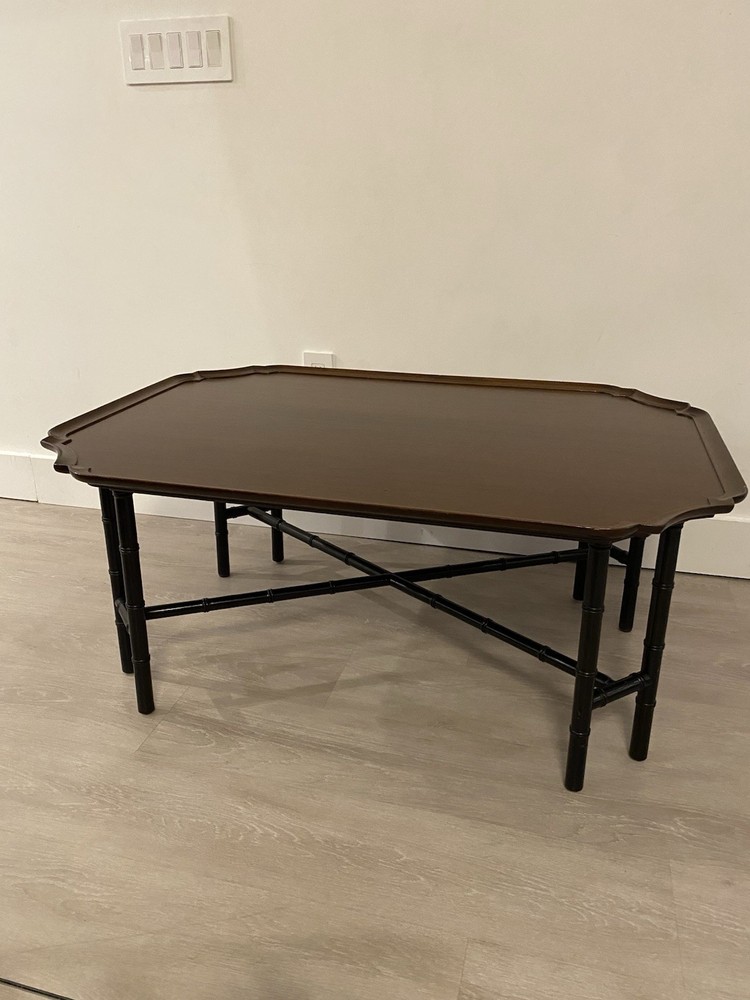 Faux Bamboo Kittinger Tray Top Rectangular Coffee Table With Ebonized Black Legs