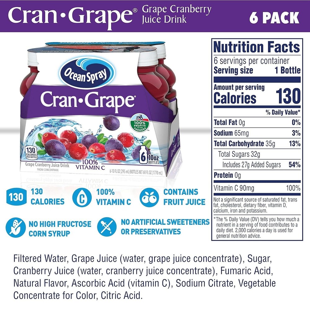 6-Pack Cran-Grape Juice Drinks, 10 Fl Oz Bottles - Refreshing Vitamin C Boost