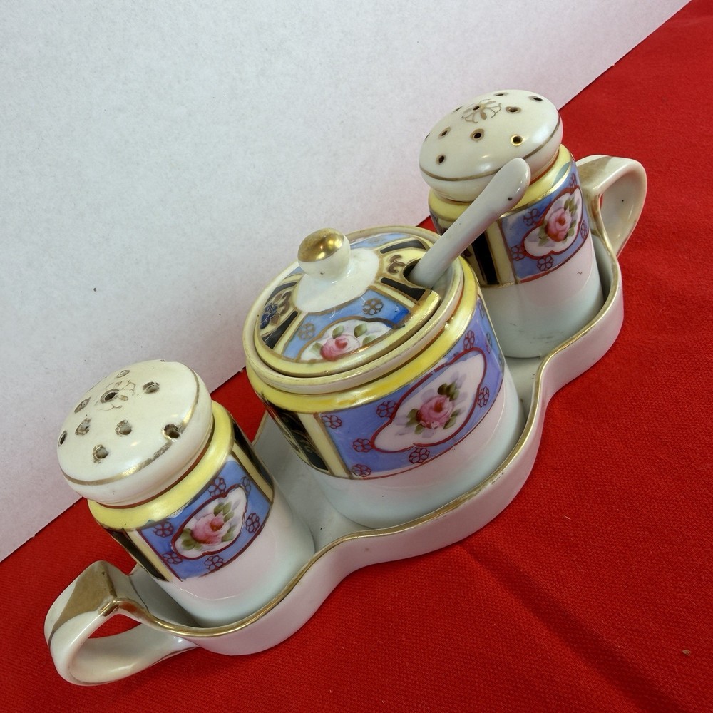 Noritake Lusterware Hand Painted Condiment Set Salt Pepper Jar Spoon Plate 6 Pc