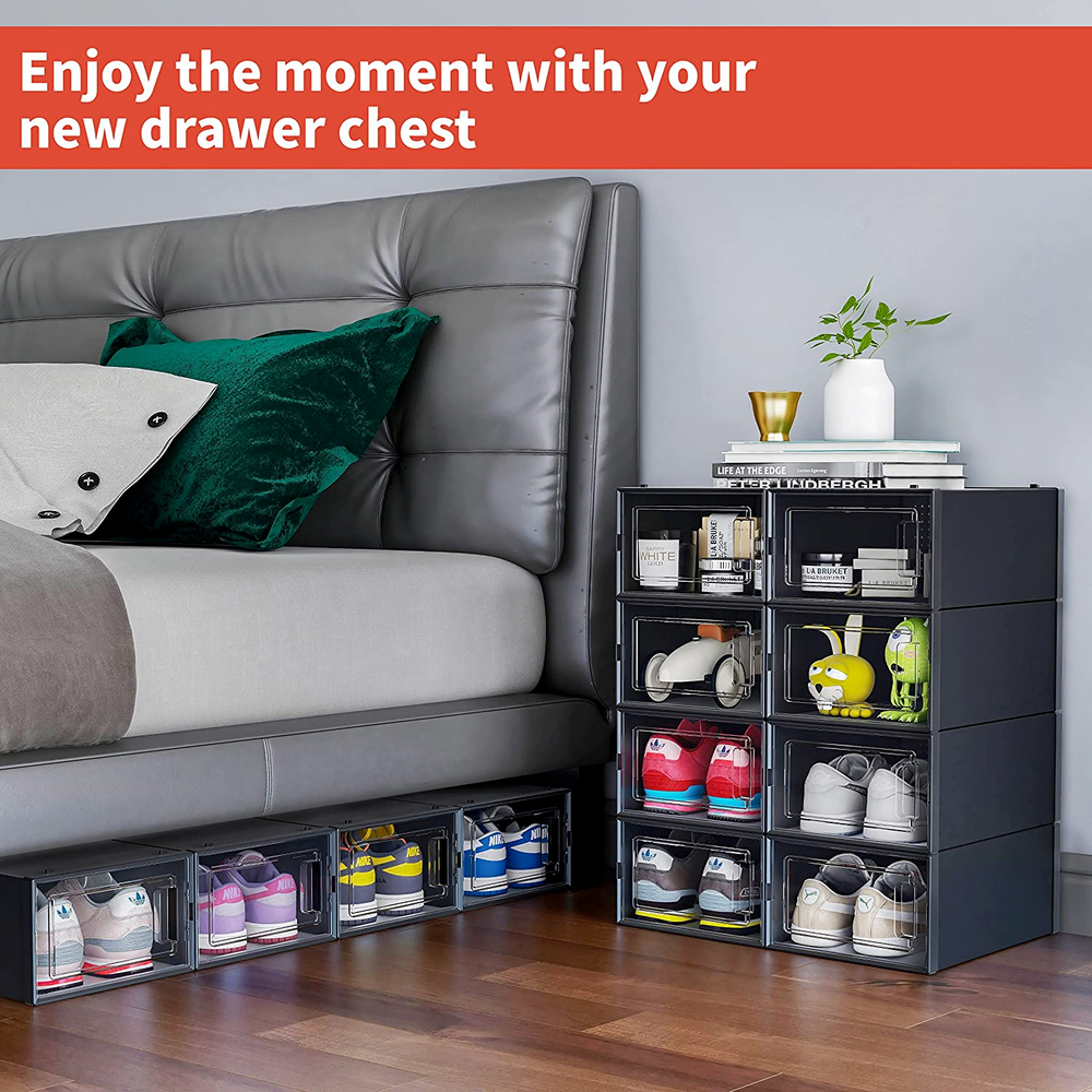 12 Pack Shoe Organizer Boxes, Black Plastic Stackable Shoe Storage Bins