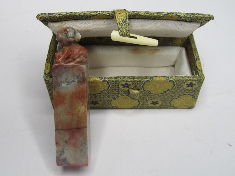 Vintage Chinese Soapstone Pig Stamp & Case Set