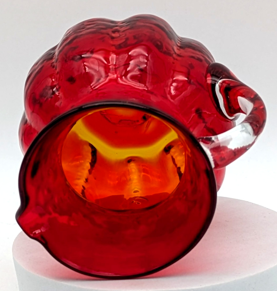 Hand Blown Ruby Red Art Glass Creamer Applied Clear Handle Melon Shape