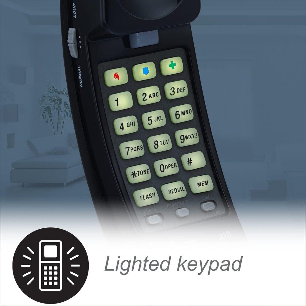 AT&T 210 Basic Trimline Corded Phone, No AC Power Required, Black