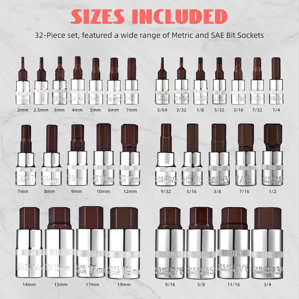 Master Hex Bit Socket Set 32-Piece SAE Metric 1/4 3/8 1/2