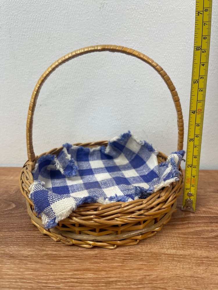 Rattan Vintage Wicker Basket with Handle & Fabric Insert 6.5” Round