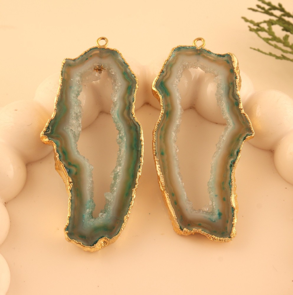 Big Natural Geode Slice Gold Electroplated DIY Pair Connector For Making Earring