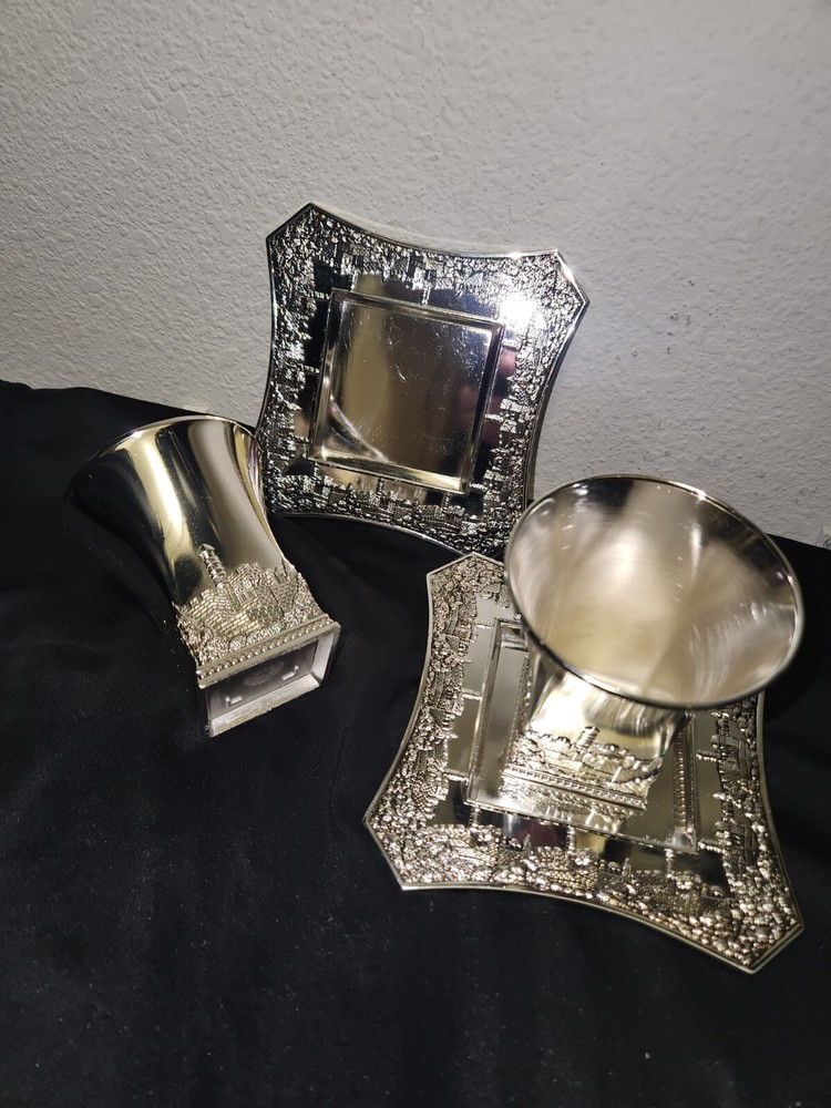 2 Silver Plated Jerusalem Wine Cups and Coasters