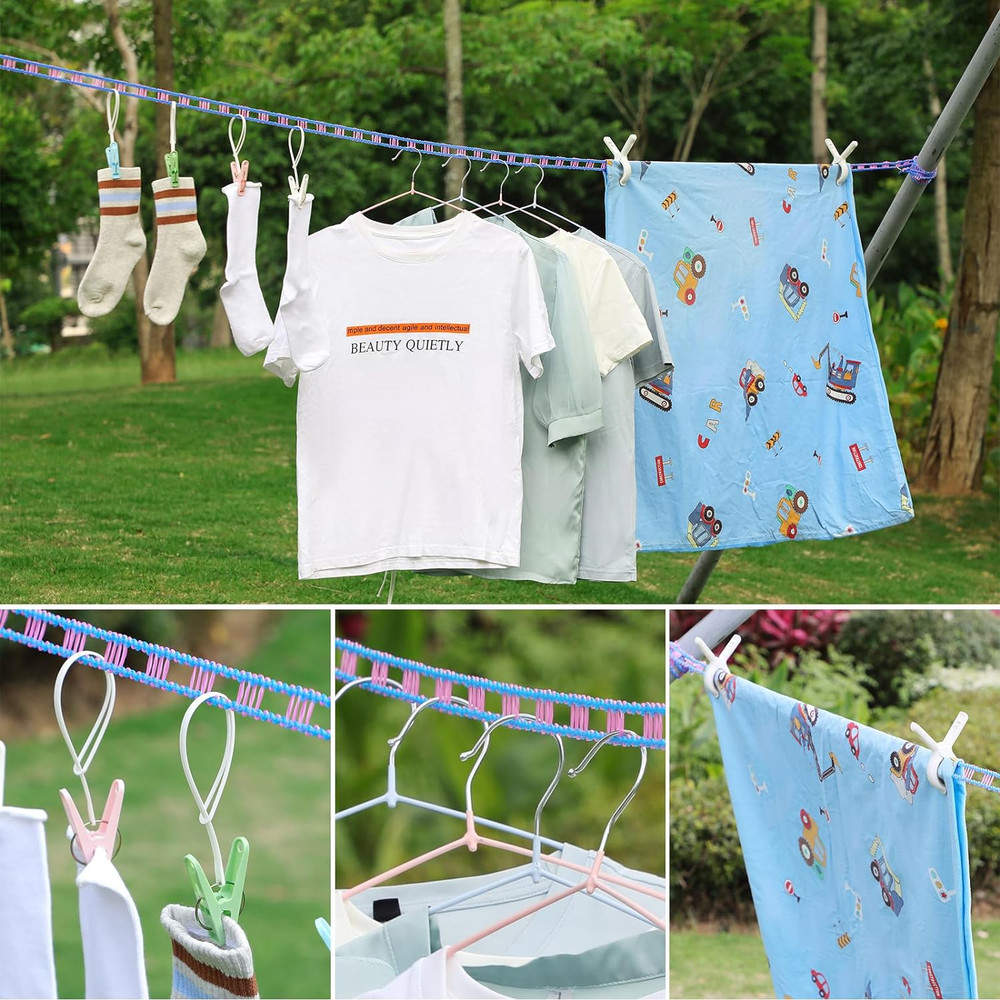 3 Pack Windproof Clothesline & Hooks 16.4Ft Strong Portable Laundry Drying Rope