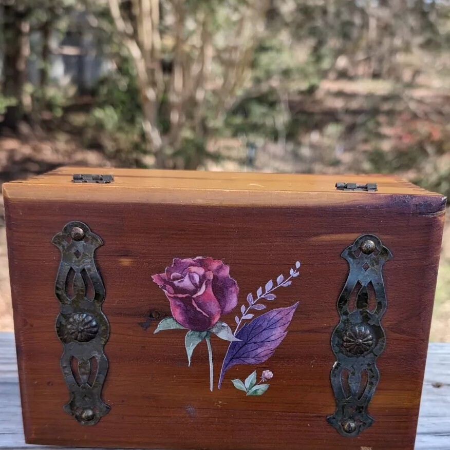Mini Cedar Chest With Rose Design Vintage Well Kept