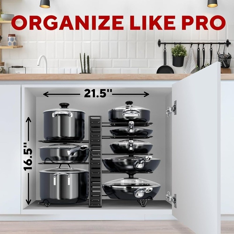 Pots & Pans Organizer Under Cabinet Adjustable Storage Easy Assembly Heavy Duty