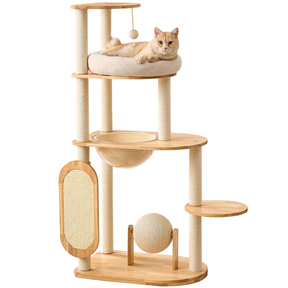 Modern Cat Tree with Scratching Post, Solid Wood Cat Tree Tower for Indoor Ca...