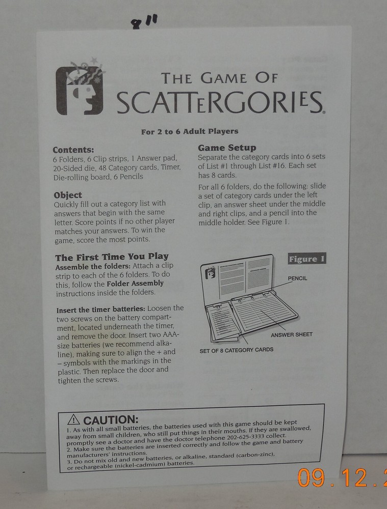 2003 Hasbro Scattergories Board Game Replacement Instructions Piece Part