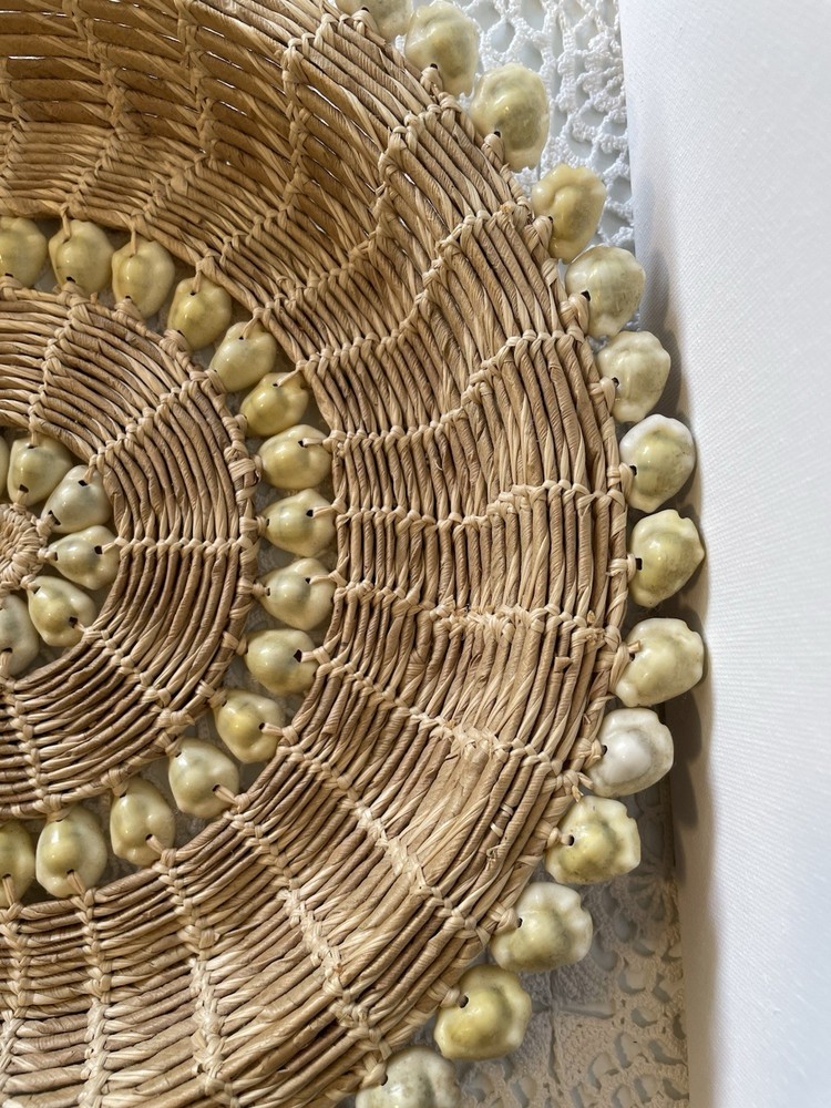 Round Wicker Decorative Basket with Shell Accents, Boho Style, Handmade