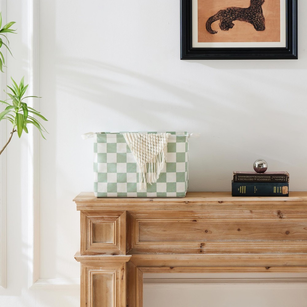 Sage Green Checkered Canvas Basket, Rectangular Organizing Decorative Storage...