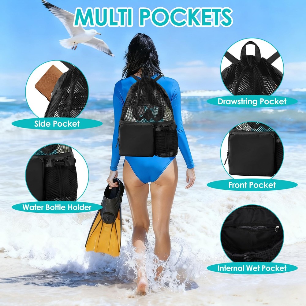 Large Mesh Swim Backpack Drawstring Waterproof Beach Bag Gym Workout Bag
