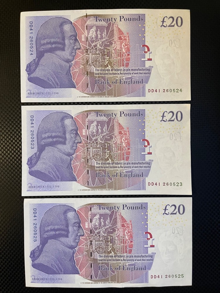 3 x Old British Twenty Pound Notes-Consecutive number-very good condition