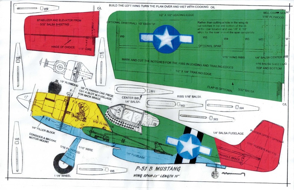 1/2 A profile "P-51 B. Mustang " U-Control plans