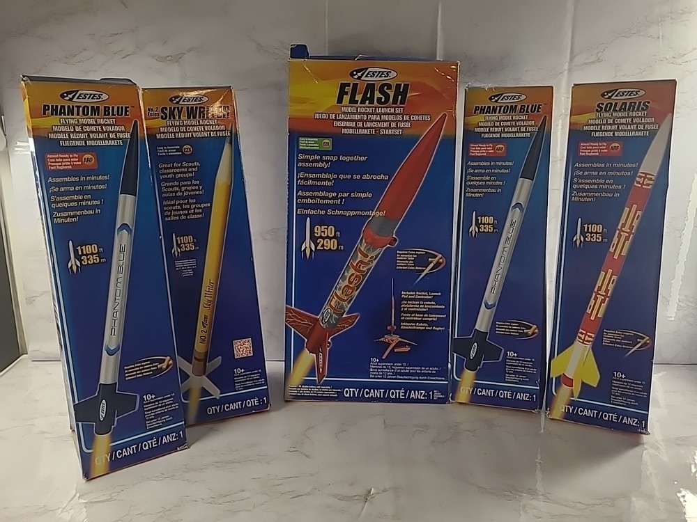 (5) New Model Rocket Kit & Rockets:  Flash, Phantom Blue, Sky Writer & Solaris