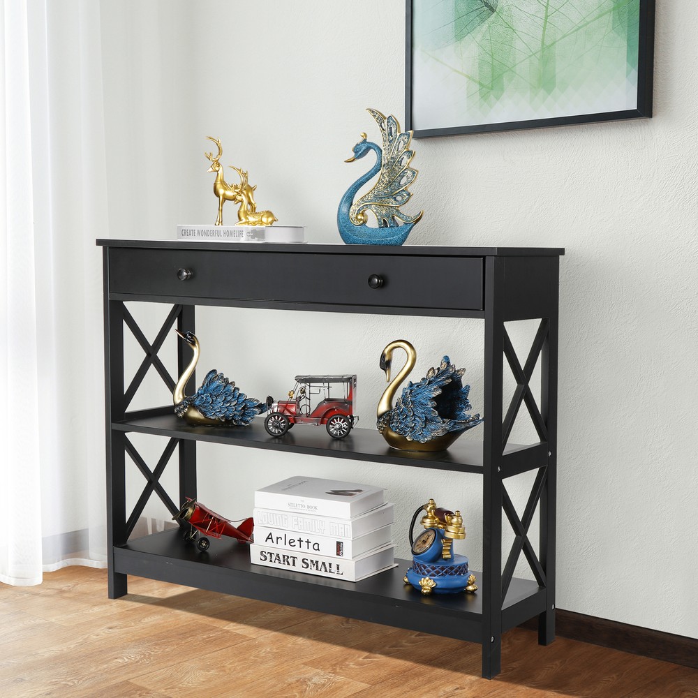 3 Tier Wood Console Table Entryway Table Narrow Sofa Side Table w/Drawer Black