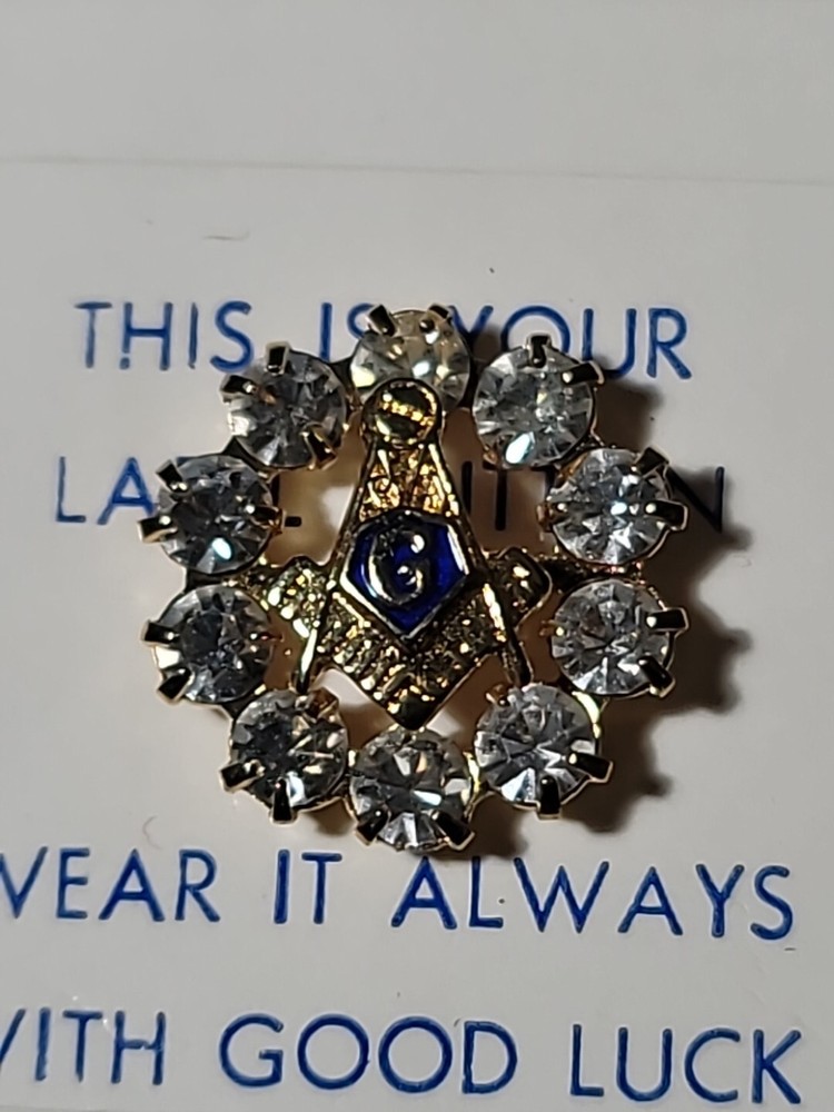Masonic Square & Compass Symbol Clear Rhinestones Gold Tone Lapel Pin Button