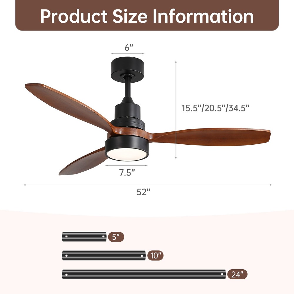 52in Modern Ceiling Fan with Intergrated LED Light and 3 Solid Wood Blades Quiet