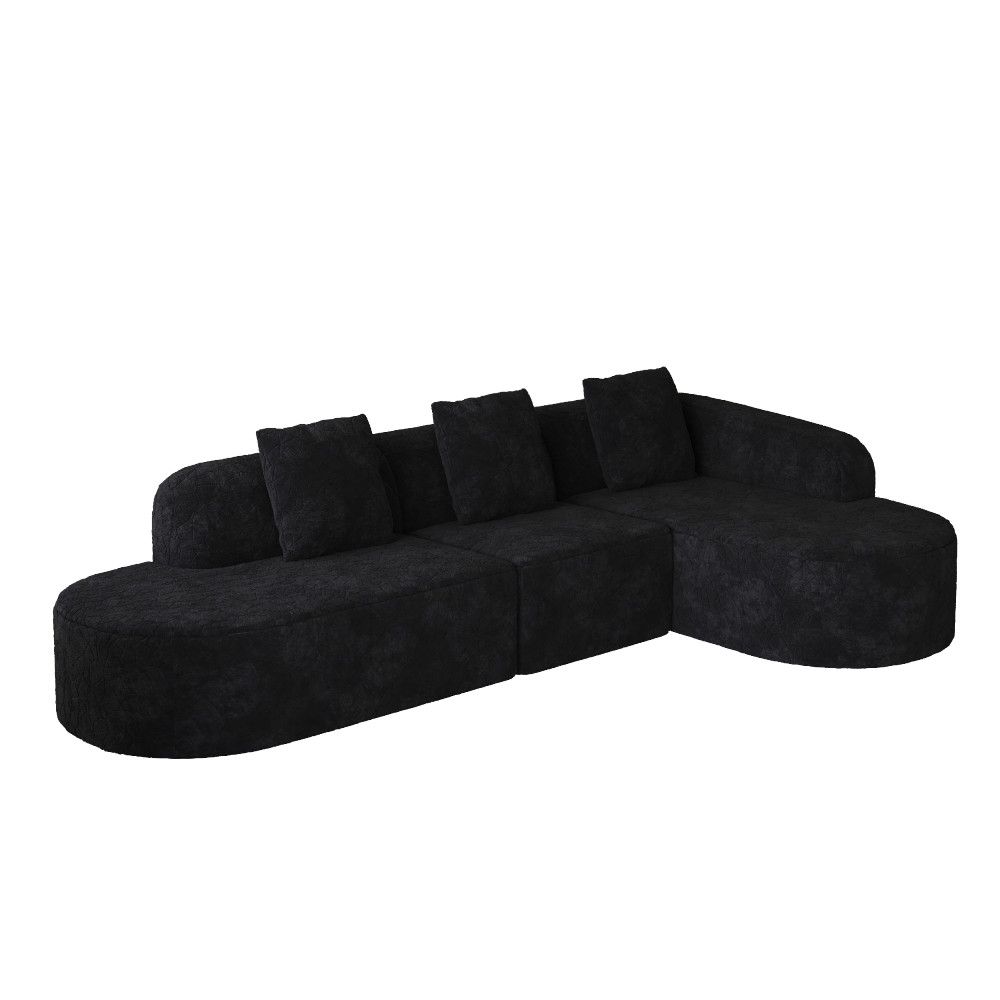 111.8'' Black L-shaped Curved Modular Sofa, Curved Backrest with Three Pillows
