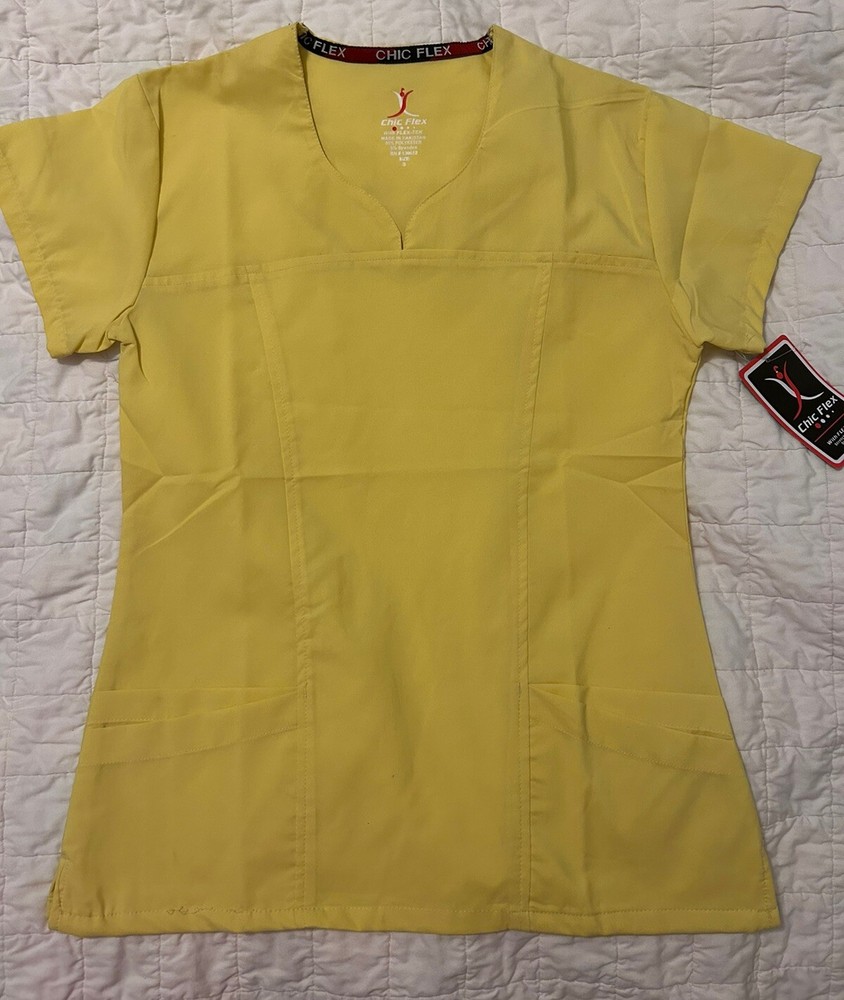 New Chic Flex Women's Scrub Top Size Small S Yellow Pullover Pockets