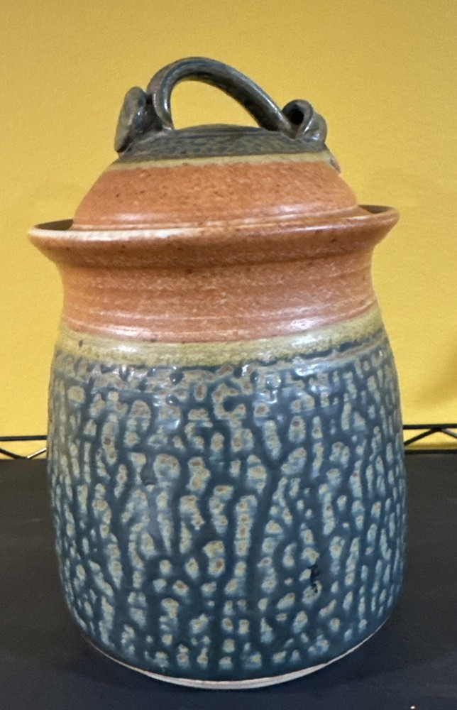 Royce Yoder Pottery Handmade Stoneware Canister – Tree Design, Green & Tan